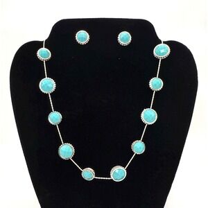 Vintage Napier Turquoise Necklace & Earring Set Silver Tone Station Necklace